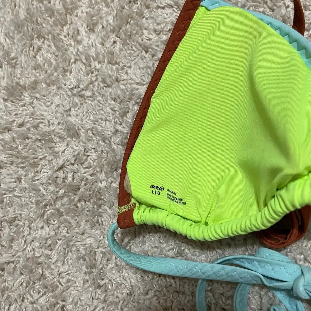 Aerie Large Neon Green Blue Brown Colorblock Padded Triangle Halter Bikini Top